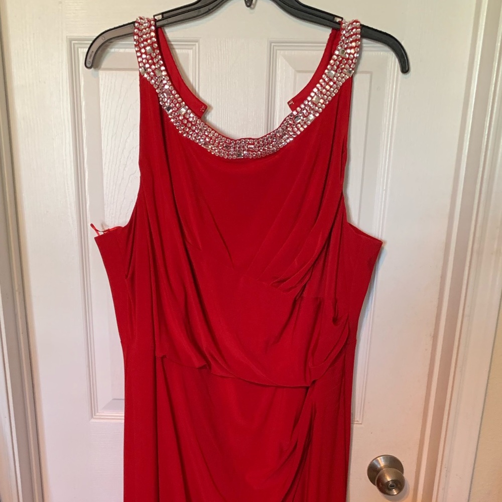 Rhinestone neck/ strappy back red gown!